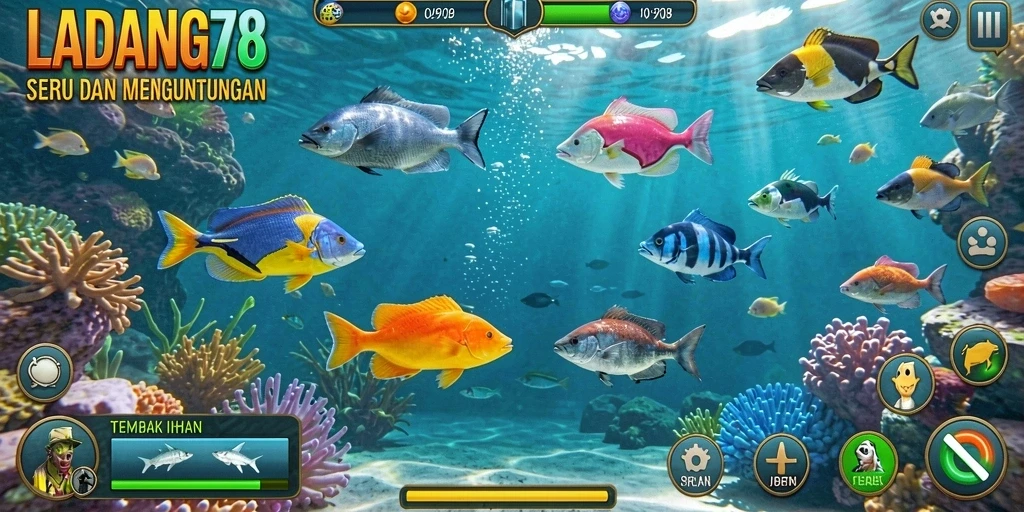 Screenshot utama LADANG78 menampilkan aksi seru dalam permainan tembak ikan.