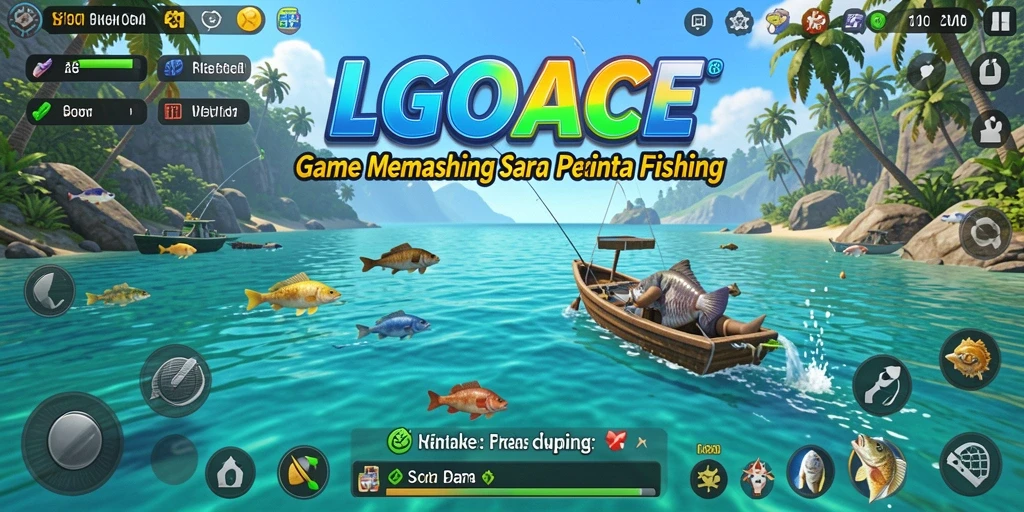 Screenshot utama LGOACE menunjukkan antusiasme dalam memancing di berbagai lokasi.