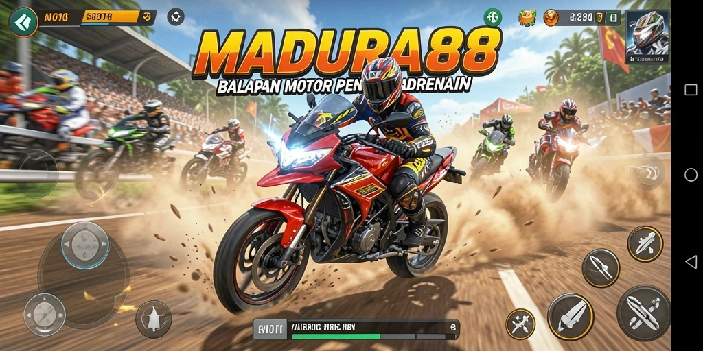 Screenshot gameplay MADURA88 menunjukkan aksi balapan motor yang mendebarkan.