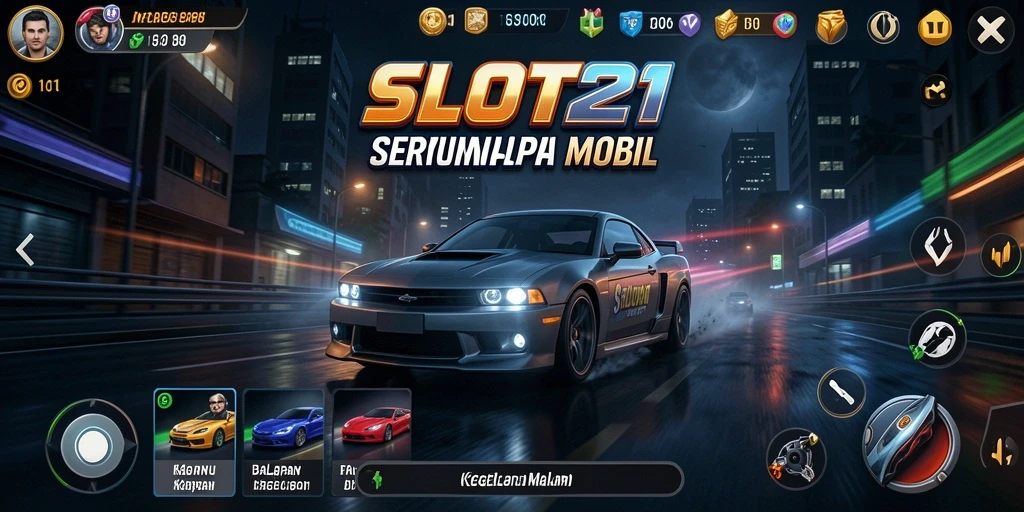 Screenshot gameplay SLOT21 menampilkan balapan mendebarkan di malam hari.